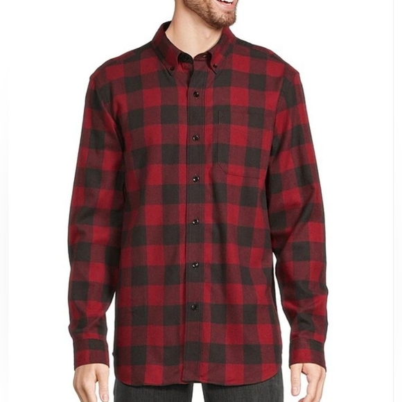 L.L. Bean Red Black Scotch Plaid Flannel Long Sleeve Button Up Shirt - Picture 1 of 5